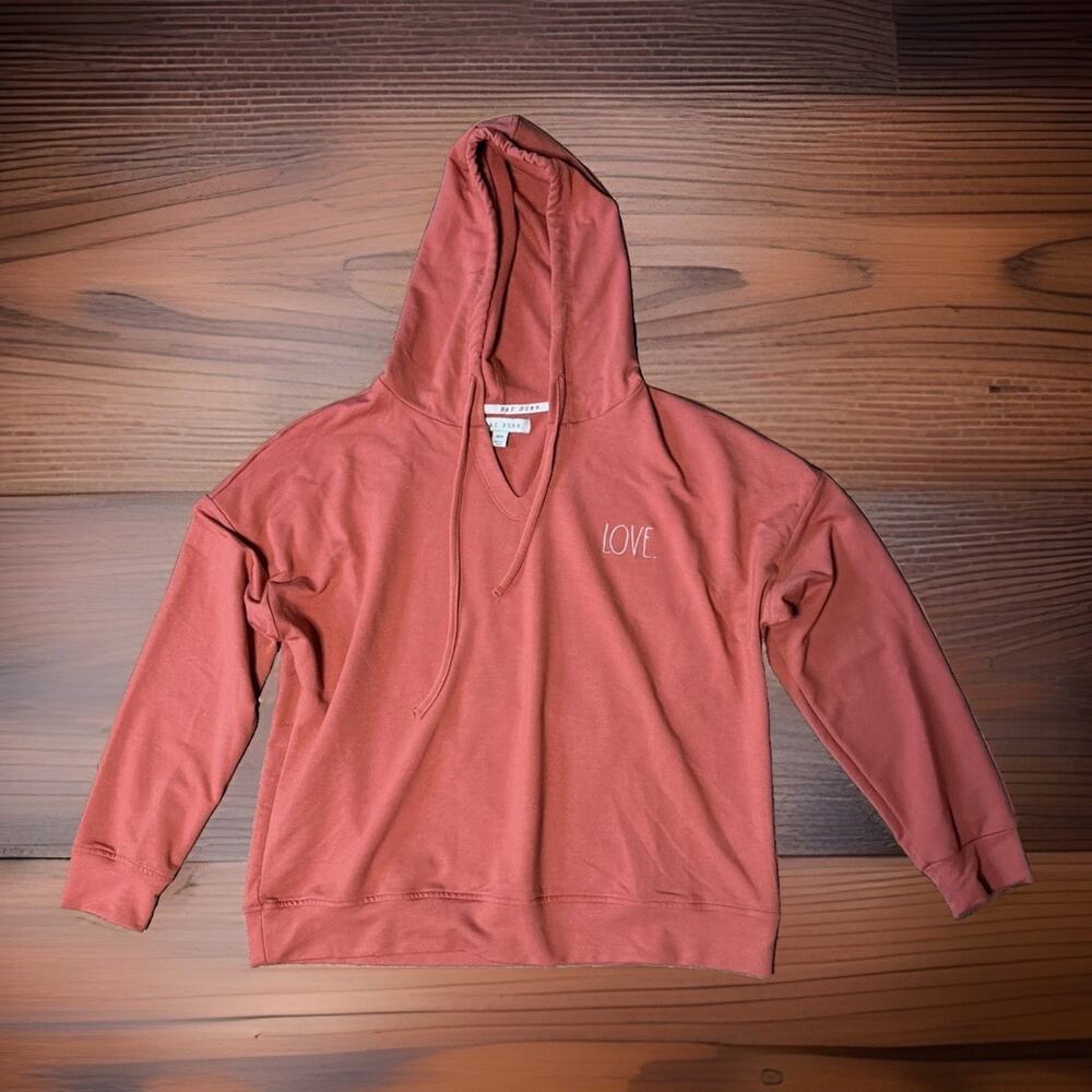 Rae Dunn Sz M LOVE Coral Hoodie V Neck Pullover Sweatshirt Minimalist Casual